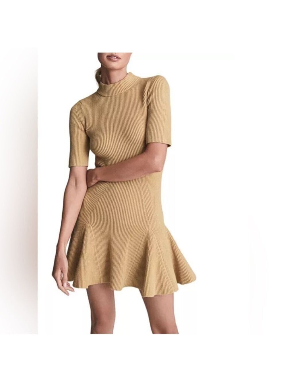 NWT. Reiss Knit Ribbed Flippy Dress in Camel Size M